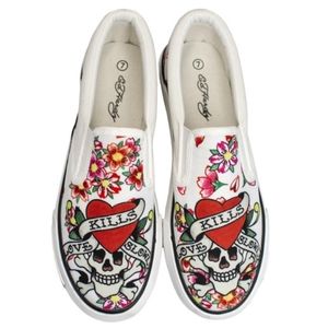 ED HARDY POPPY "Love Kills Slowly" Printed Canvas Casual Slip On PlatforSneakers